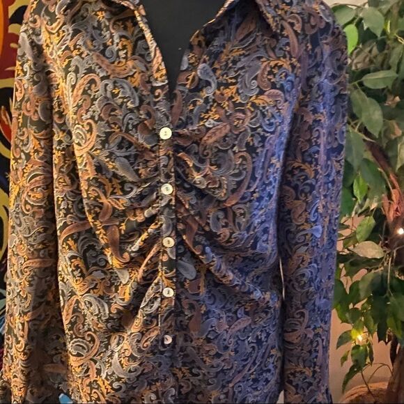 Trilogy button down ruched long bell sleeve Lg - Picture 8 of 10